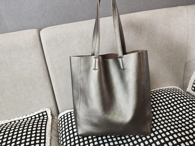 Fashion Womens Bronze Silver Leather Vertical Tote Bags Bronze Silver Shoulder Tote Bags Bronze Silver Handbags Tote For Women