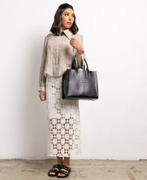 Florence Tote leather bag croco embossed black