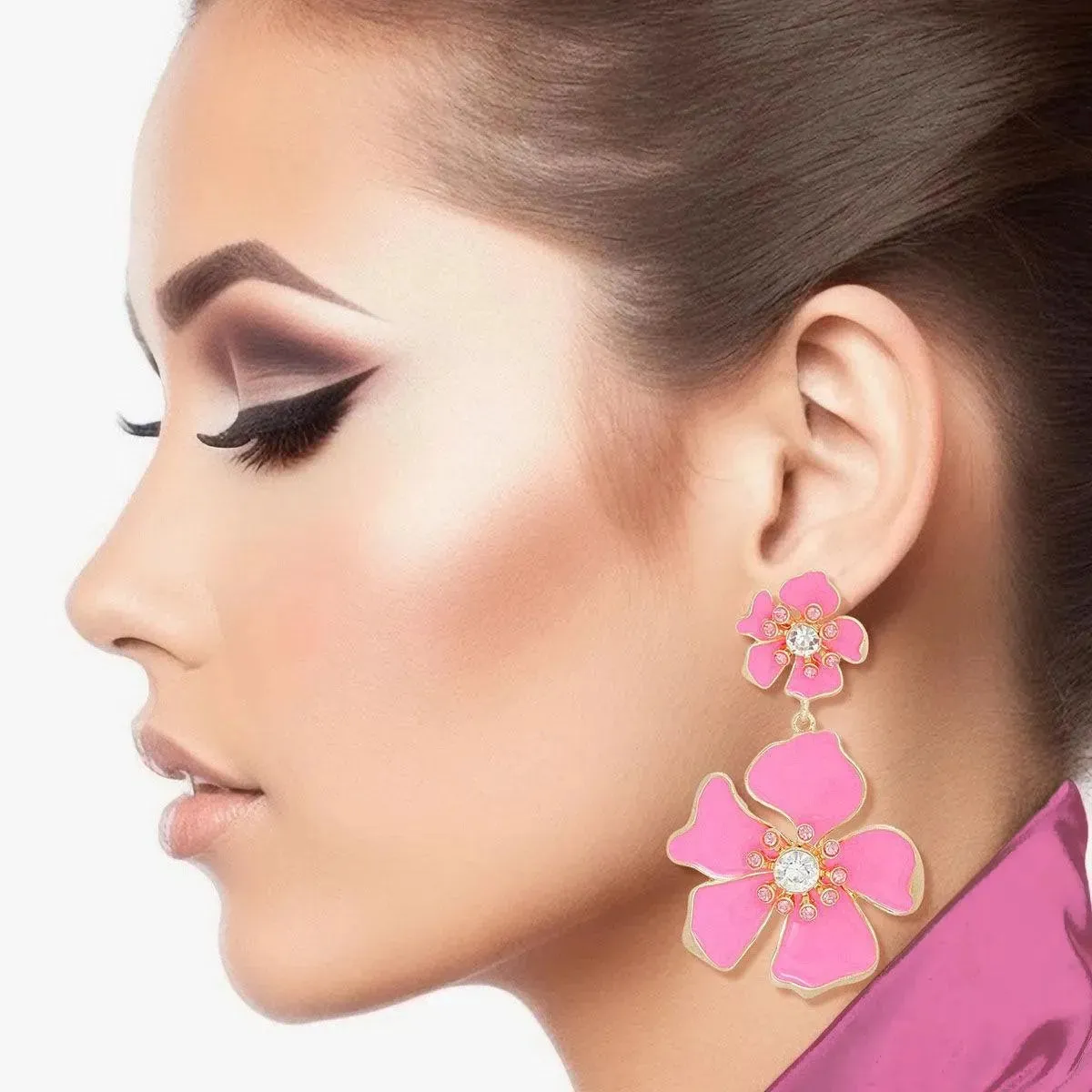 Flower Drop Earrings - Pink Gold Floral Fashion Jewelry