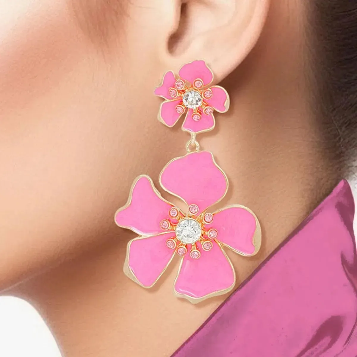 Flower Drop Earrings - Pink Gold Floral Fashion Jewelry