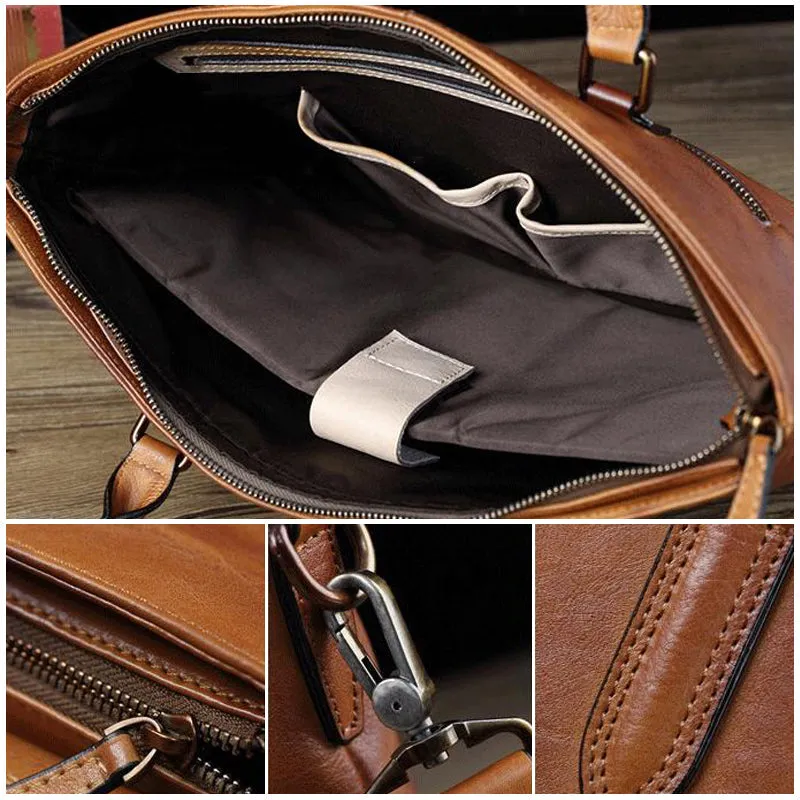 Full Grain Leather Men Shoulder Bag Casual Messenger Bag Laptop Bag