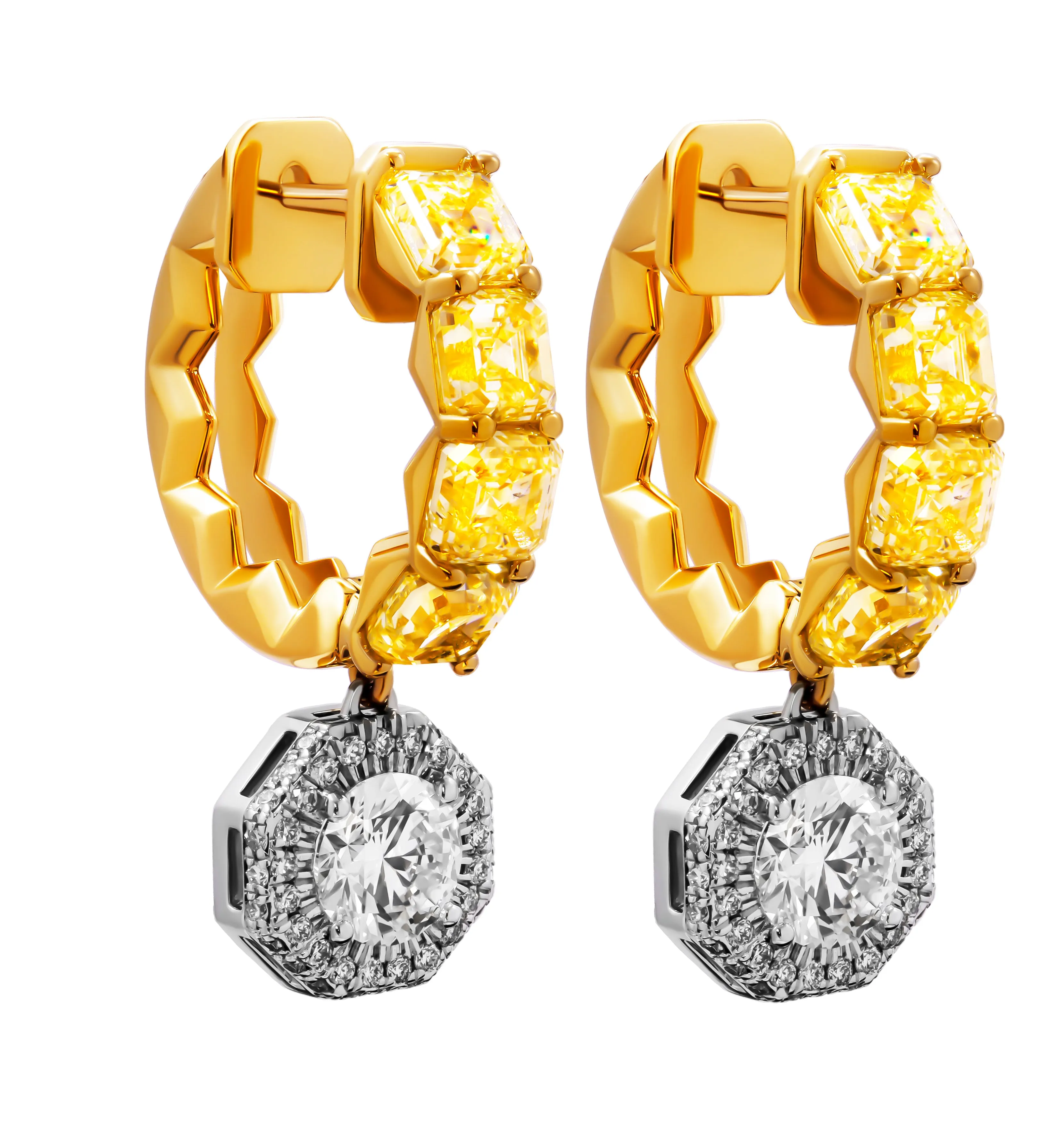 GIA Certified Hoop Earrings with Fancy Yellow Asscher Cut and White Diamond Drop