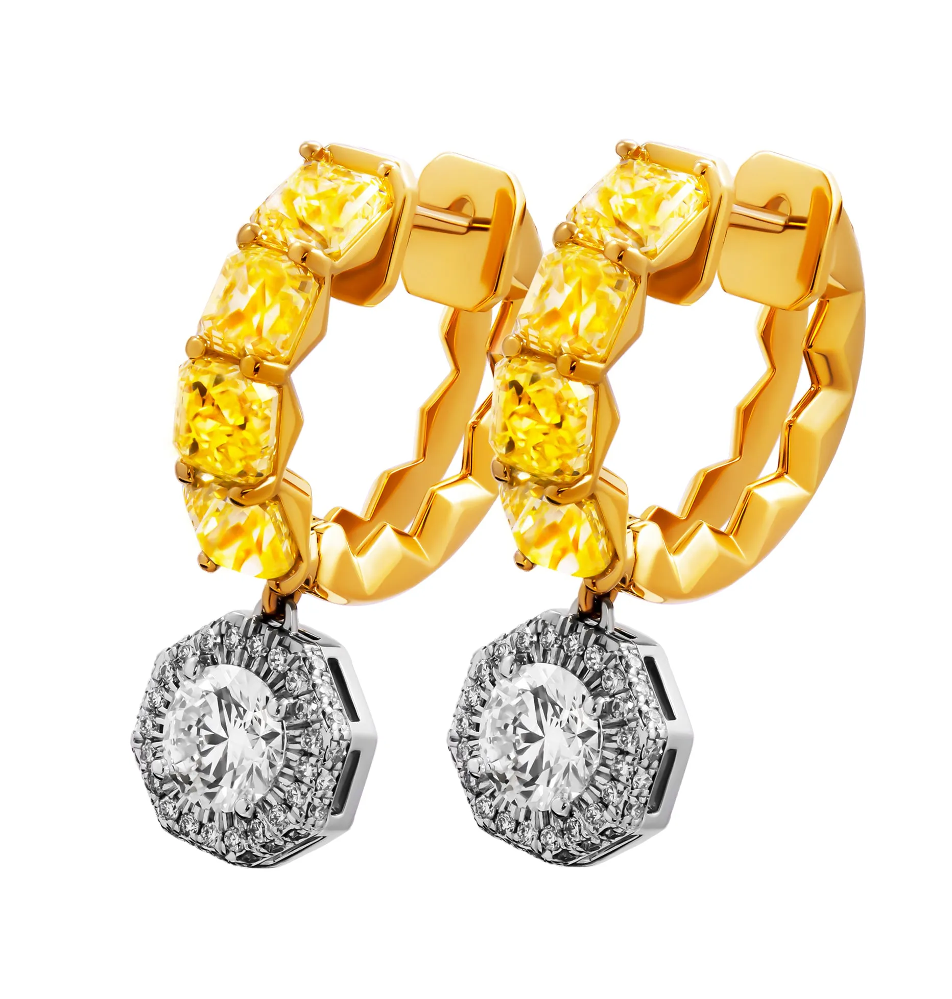 GIA Certified Hoop Earrings with Fancy Yellow Asscher Cut and White Diamond Drop