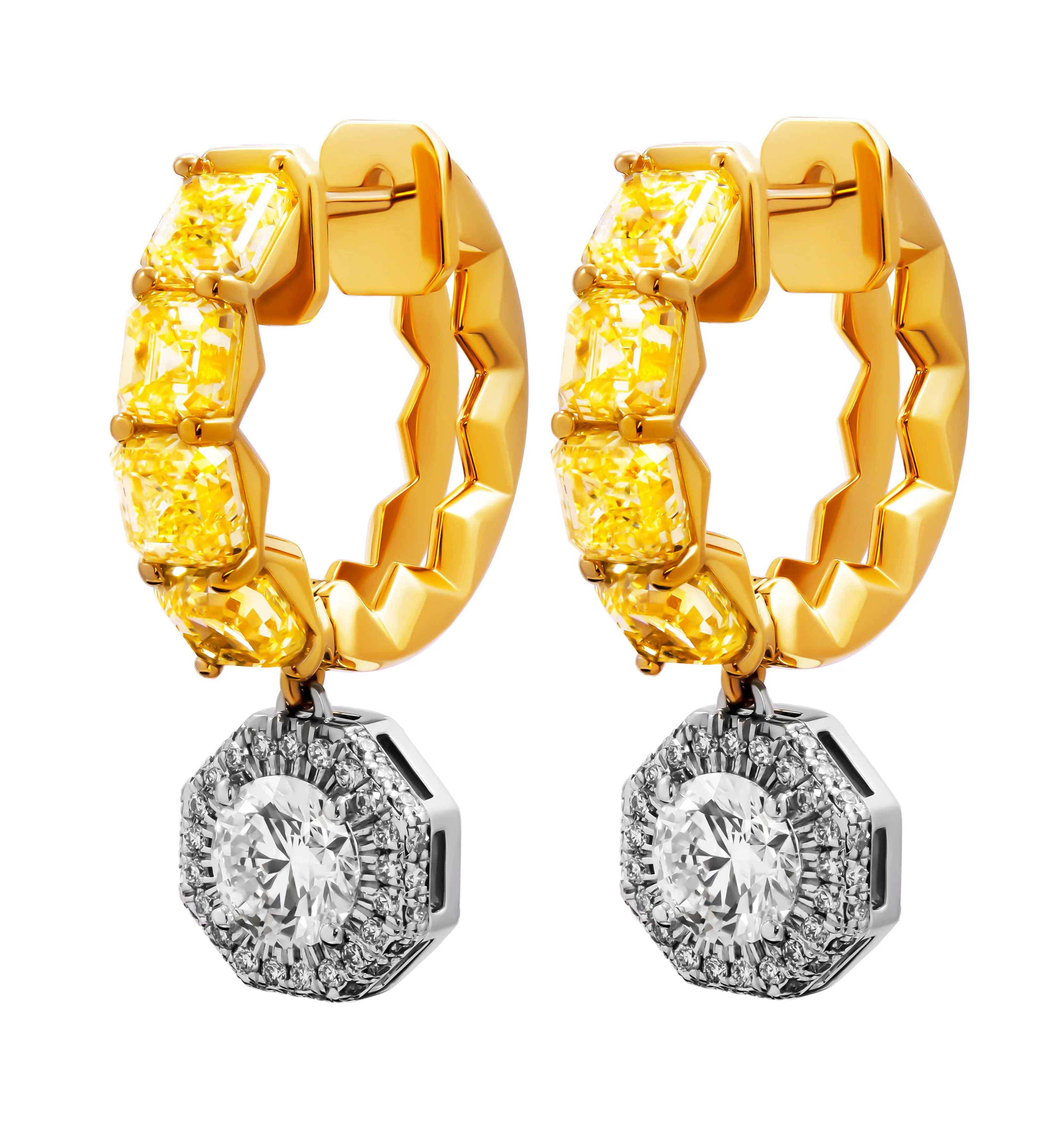 GIA Certified Hoop Earrings with Fancy Yellow Asscher Cut and White Diamond Drop