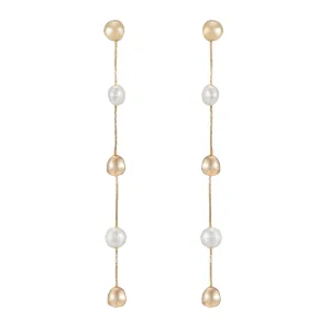 Gold Ball and Pearl Drop Line Earrings