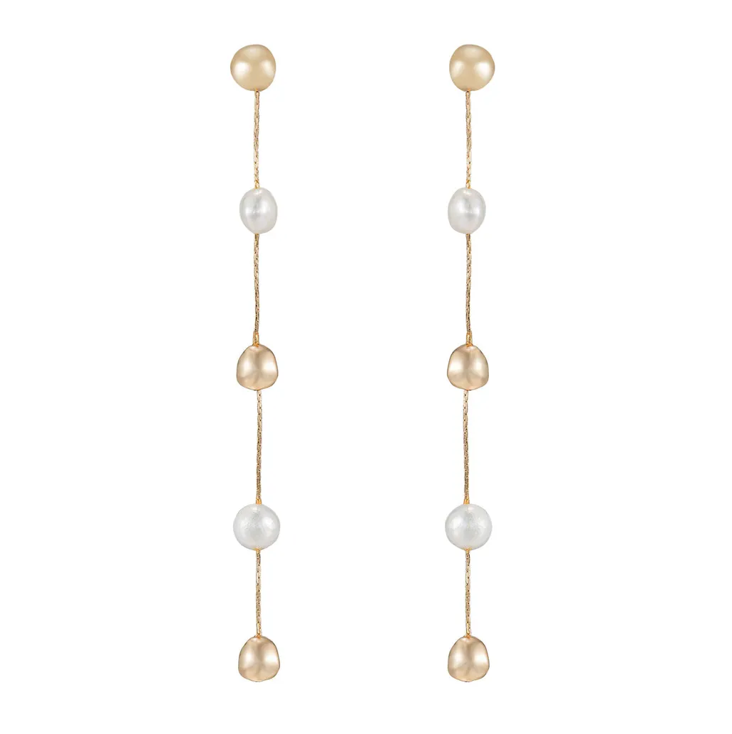 Gold Ball and Pearl Drop Line Earrings
