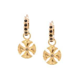 GOLD CROSS BLACK SAPPHIRE HUGGIE HOOP DROP EARRINGS