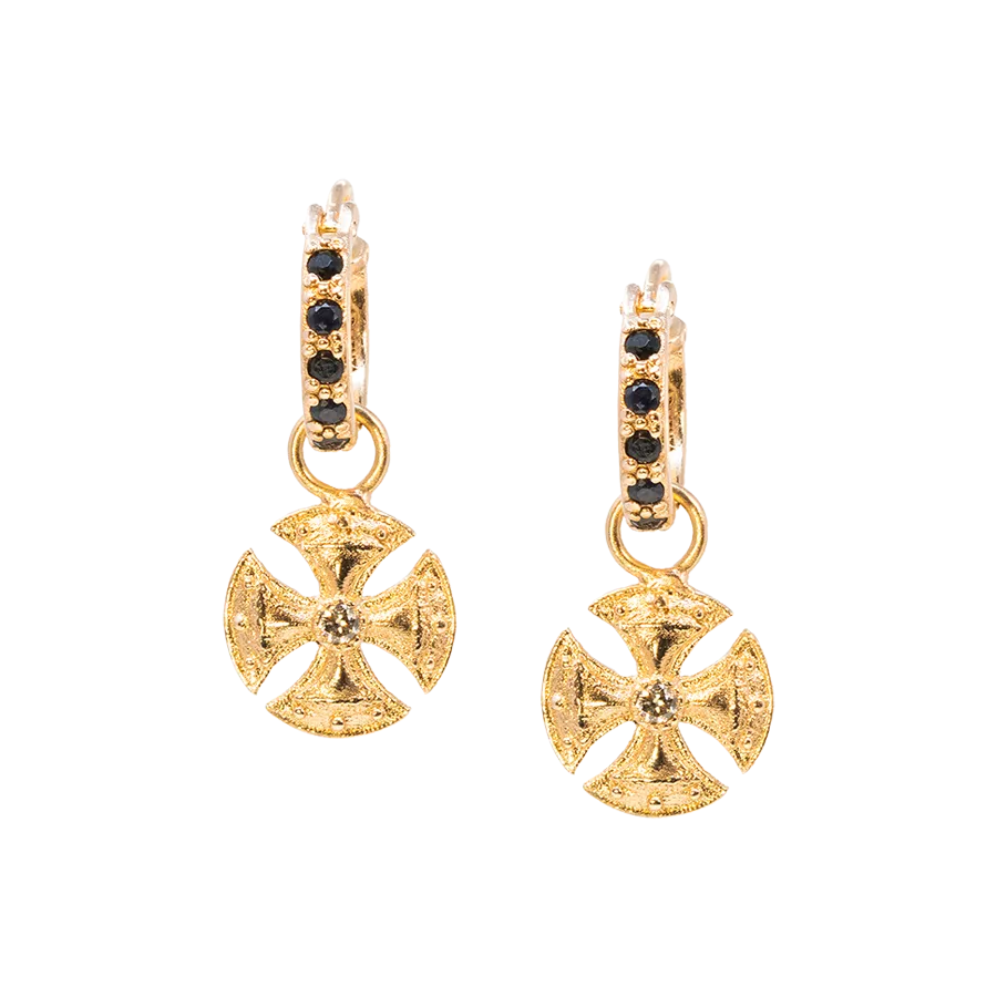 GOLD CROSS BLACK SAPPHIRE HUGGIE HOOP DROP EARRINGS