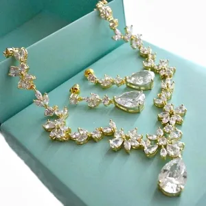 Gold Cubic Zirconia Bridal Jewelry Set. CZ Crystal Wedding Necklace Set. Gold Floral Vine Necklace Earrings Wedding Jewelry Set.