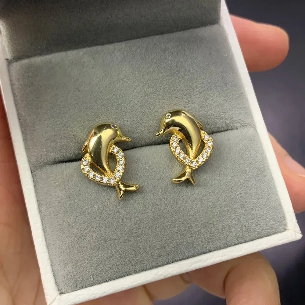 Gold Dolphin Stud Earrings for Women Accessories Fashion Jewelry