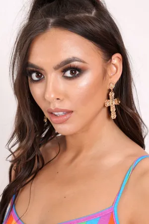Gold Floral Large Cross Drop Earrings - Josephine