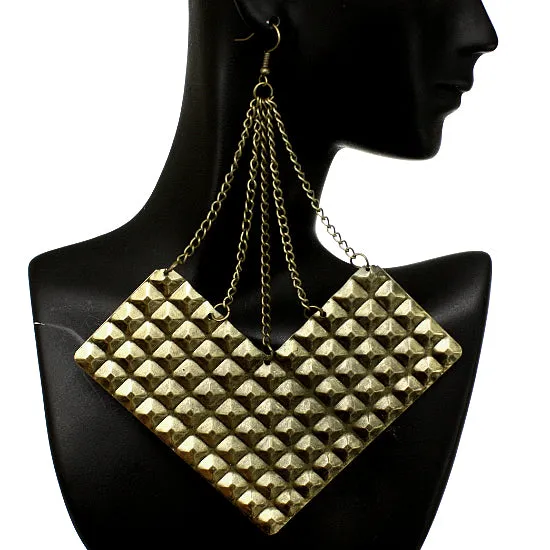 Gold Large Pyramid Textured Chain Earrings