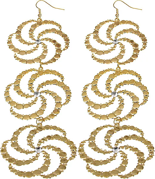 Gold Long Triple Swirl Dangle Earrings