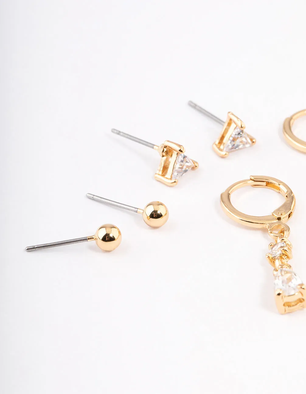 Gold Plated Brass Cubic Zirconia Triangle & Drop Earrings Pack