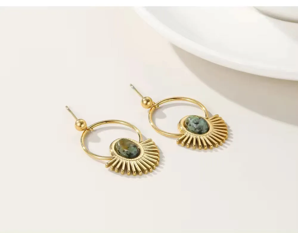 Gold Plated Minimalist Vintage Drop Earrings with Natural Stone