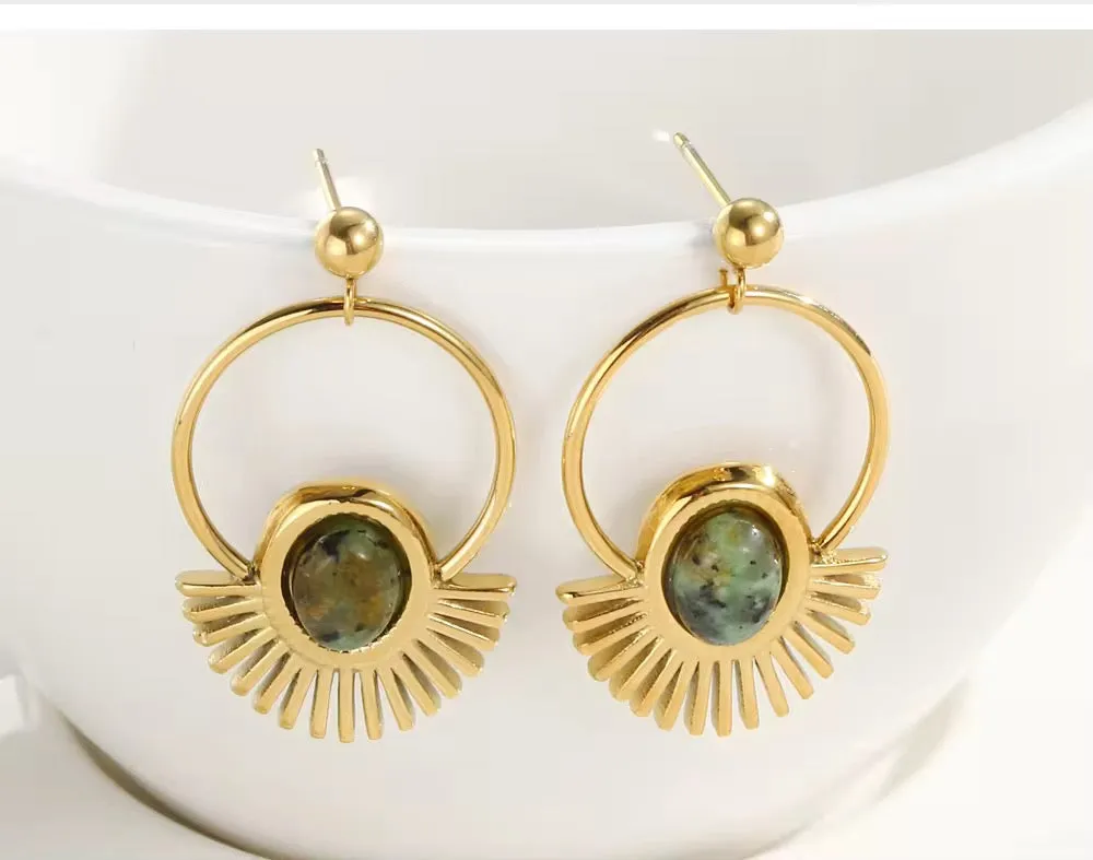 Gold Plated Minimalist Vintage Drop Earrings with Natural Stone