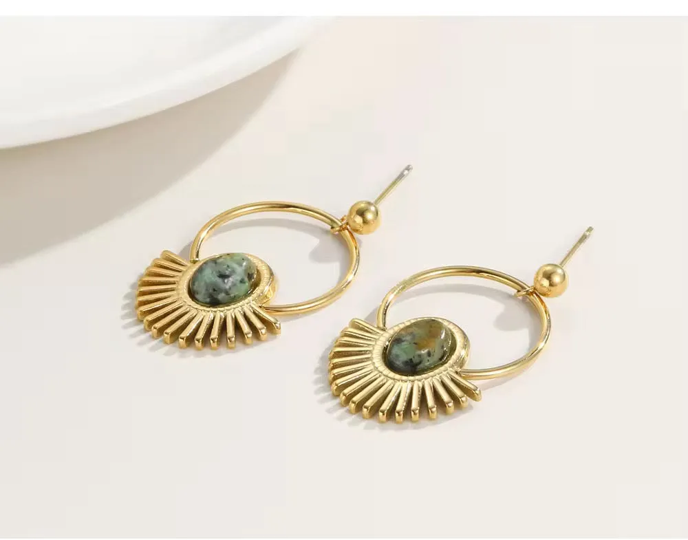 Gold Plated Minimalist Vintage Drop Earrings with Natural Stone