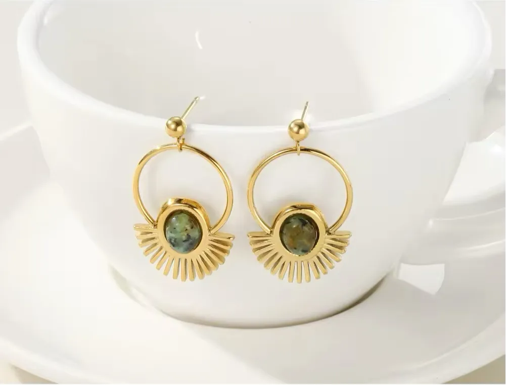 Gold Plated Minimalist Vintage Drop Earrings with Natural Stone
