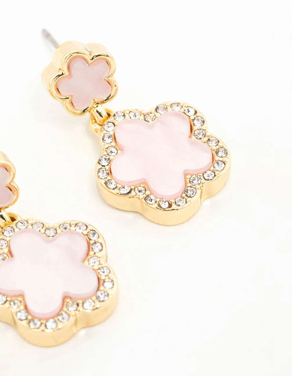 Gold Plated Pink Flower Drop Earrings