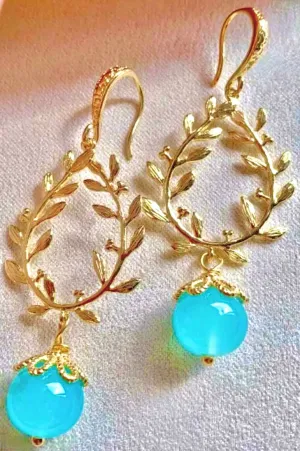 Gold Vermeil Leaf Blue Chalcedony Earrings 3”