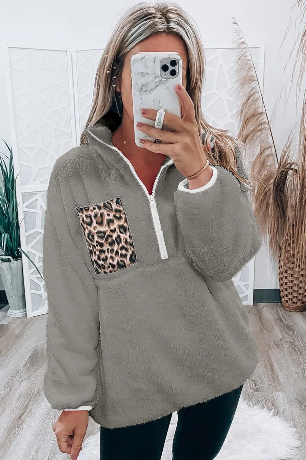 Gray Leopard Patch Pocket Half Zipped Fleece Sweatshirt