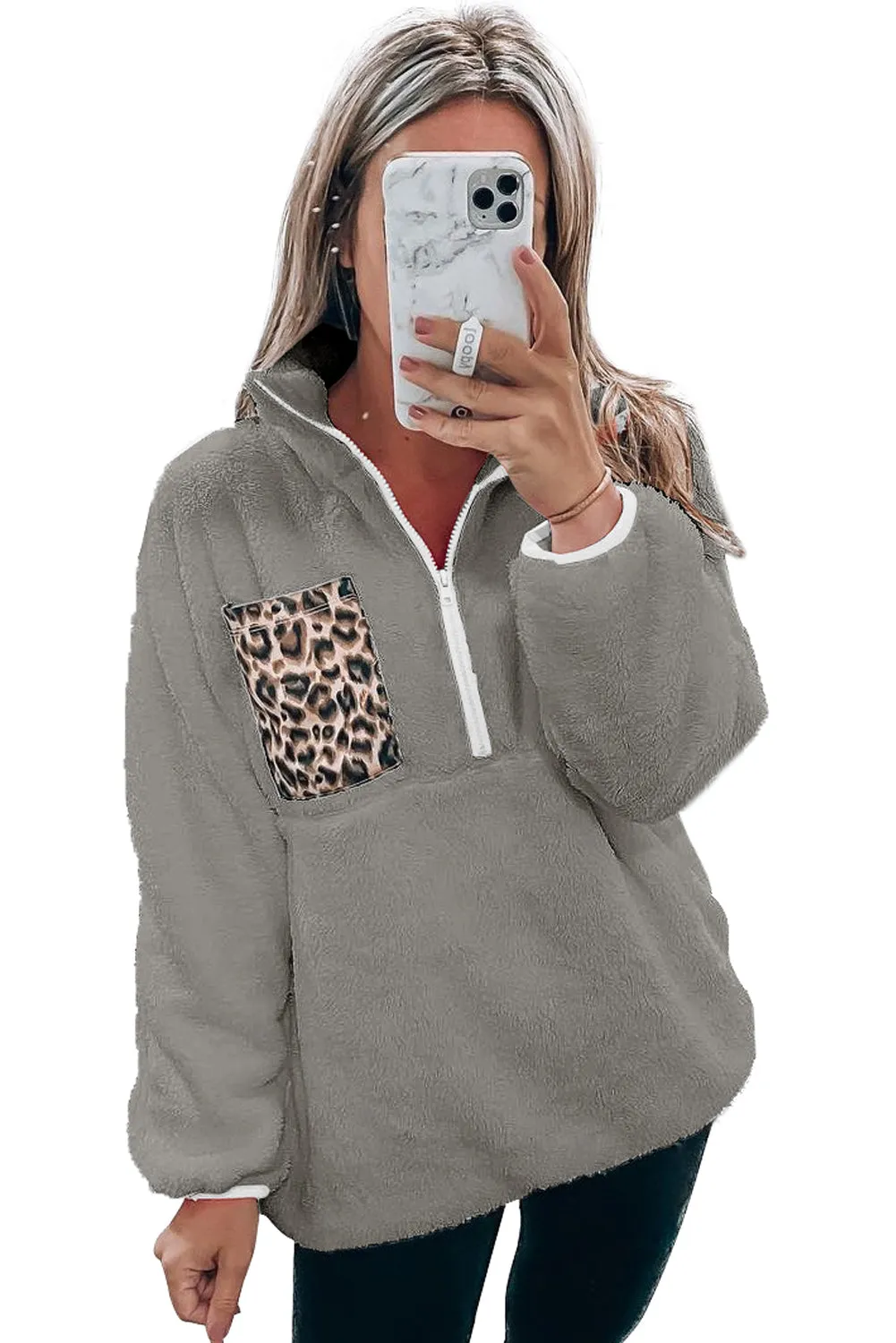 Gray Leopard Patch Pocket Half Zipped Fleece Sweatshirt
