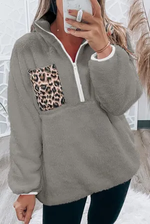 Gray Leopard Patch Pocket Half Zipped Fleece Sweatshirt