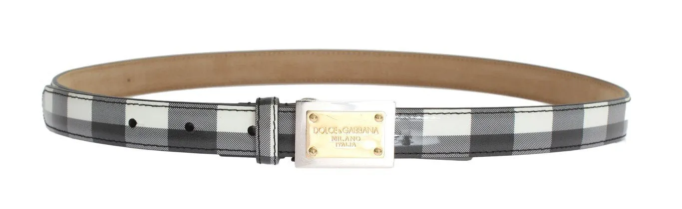 Gray White Check Leather Belt