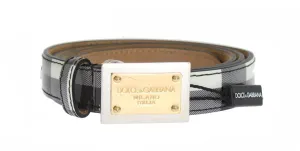 Gray White Check Leather Belt
