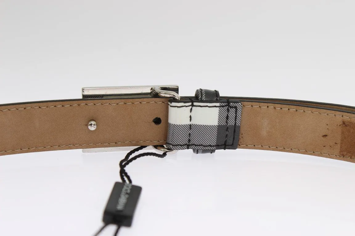 Gray White Check Leather Belt
