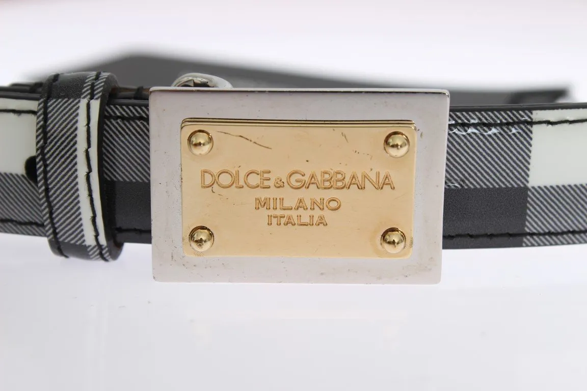 Gray White Check Leather Belt