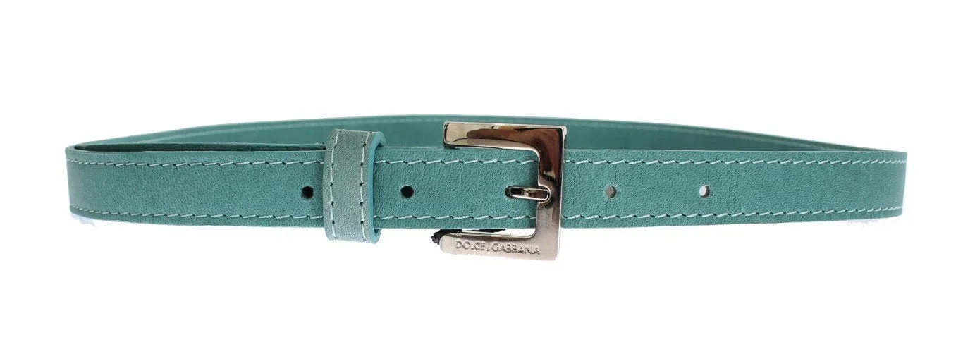 Green Leather Silver Buckle Logo Belt