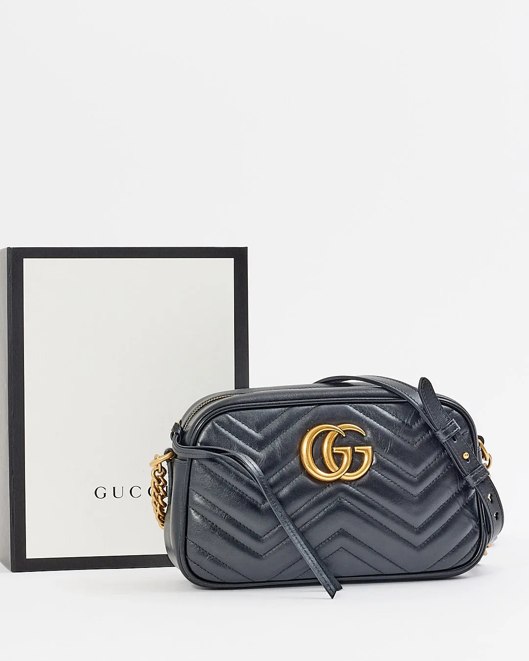 Gucci Black Leather Marmont GG Matelasse Camera Small Bag