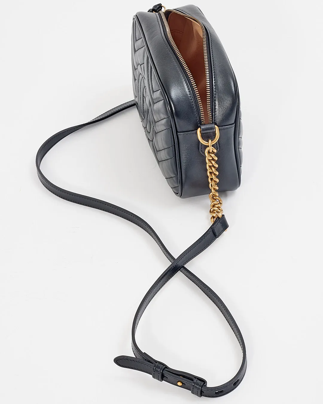Gucci Black Leather Marmont GG Matelasse Camera Small Bag
