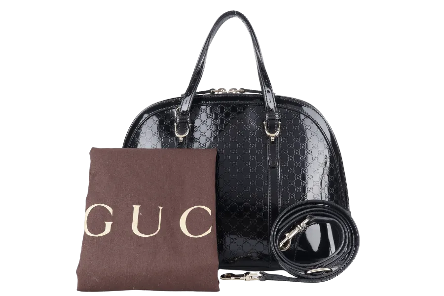 GUCCI BLACK MICROGUCCISSIMA PATENT LEATHER NICE TOP HANDLE BAG GOLD HARDWARE WITH STRAPS AND DUST COVER