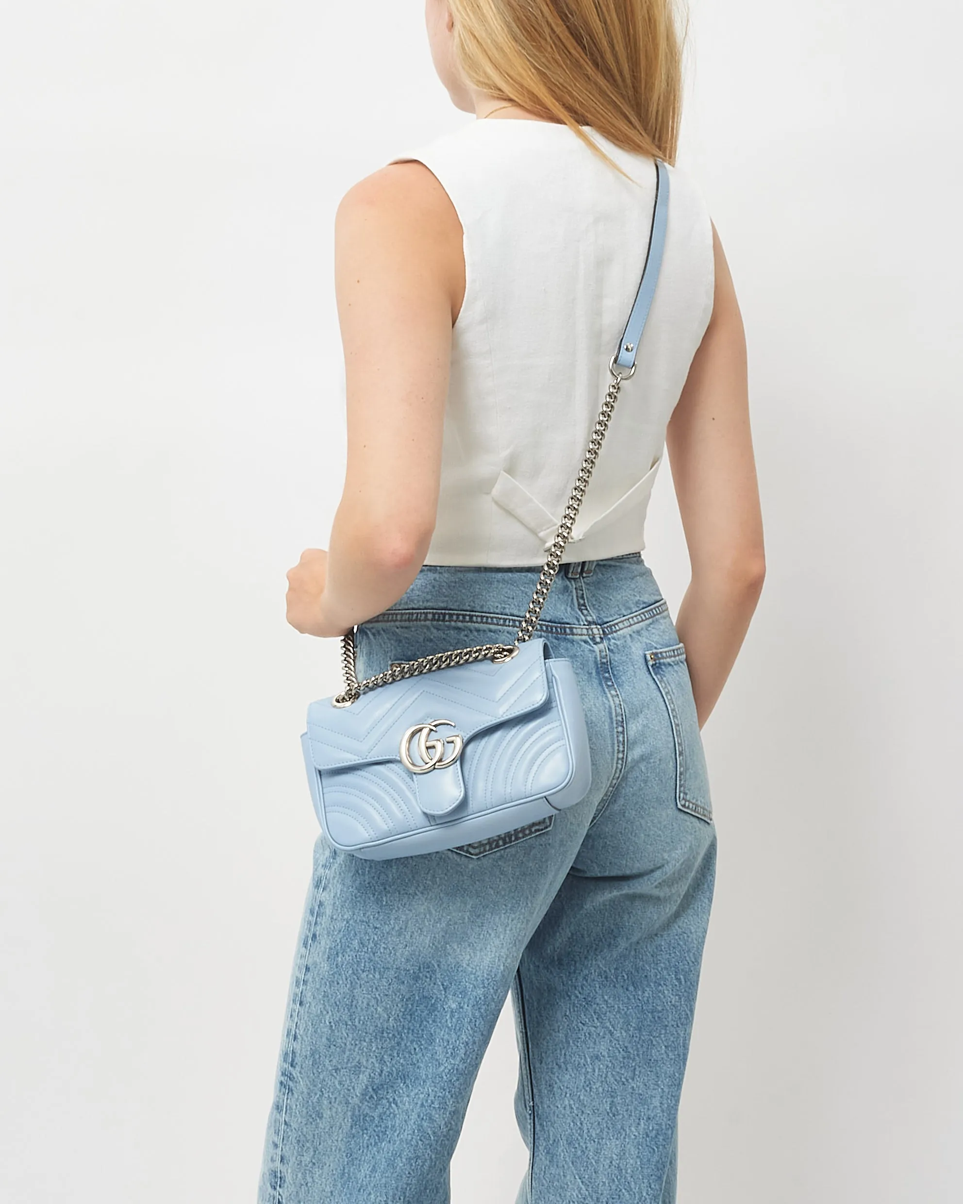 Gucci Light Blue Leather Mini Marmont Flap Shoulder Bag