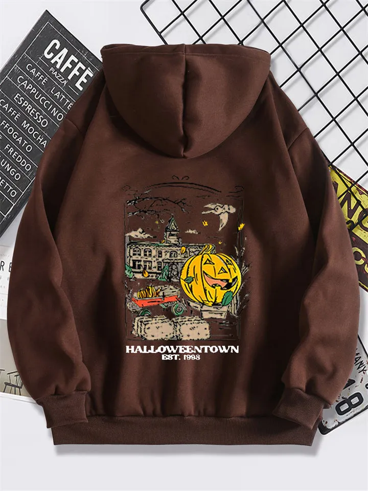 Halloween Smile Pumpkim Print Lined Plush Hoodies for Women