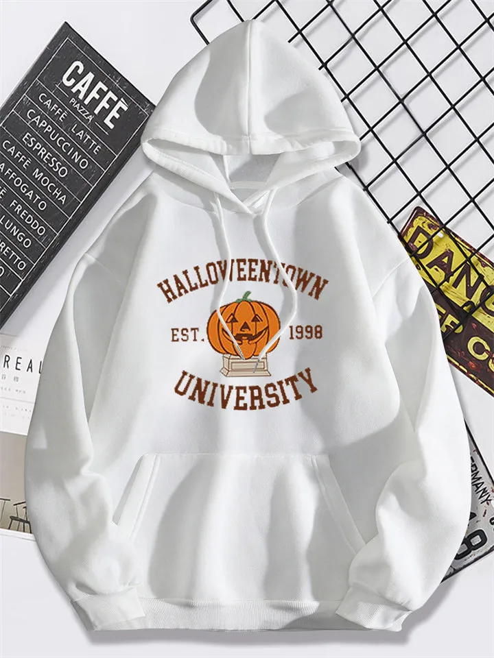 Halloween Smile Pumpkim Print Lined Plush Hoodies for Women