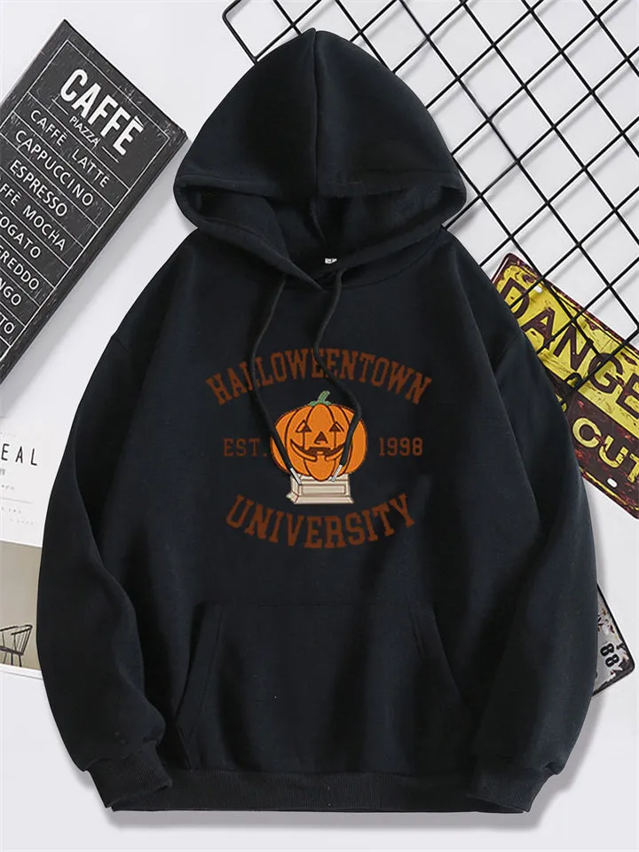 Halloween Smile Pumpkim Print Lined Plush Hoodies for Women