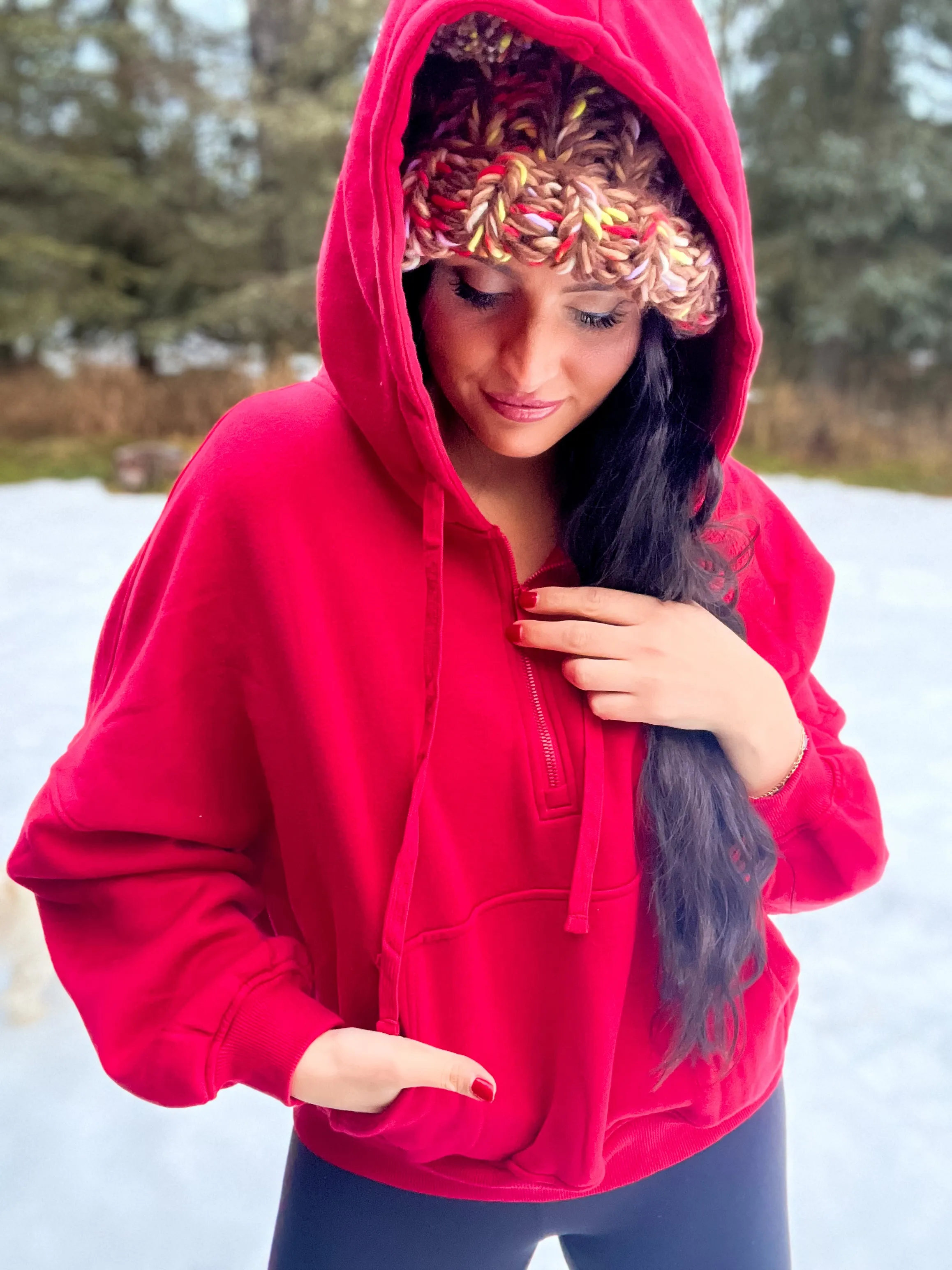 Harper French Terry Fleece Quarter Zip Hoodie- True Red