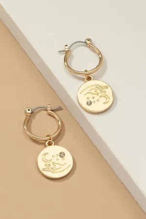 Huggie Hoop with Dangling Coin Engraved moon, hand & stars