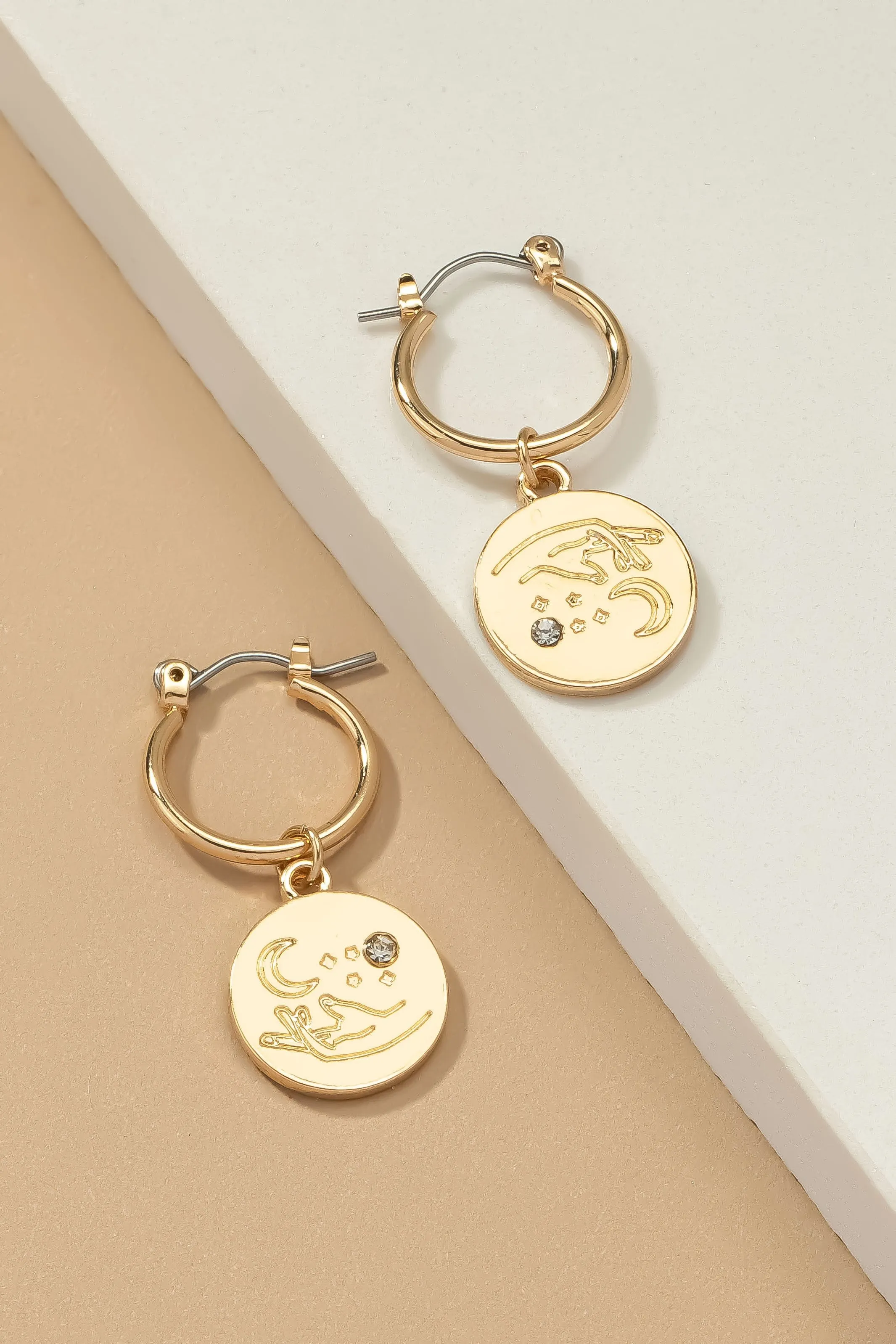 Huggie Hoop with Dangling Coin Engraved moon, hand & stars