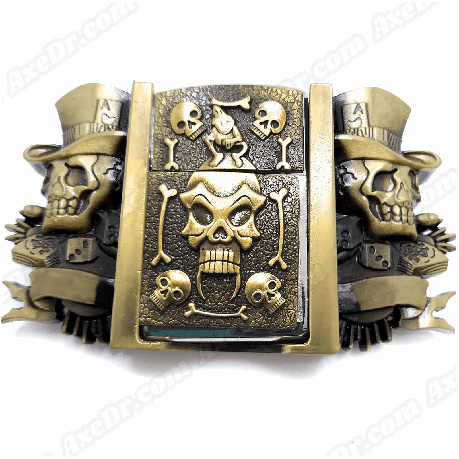 Jokers Skull & Bones Bronze Lighter Belt Buckle and Genuine Leather Belt