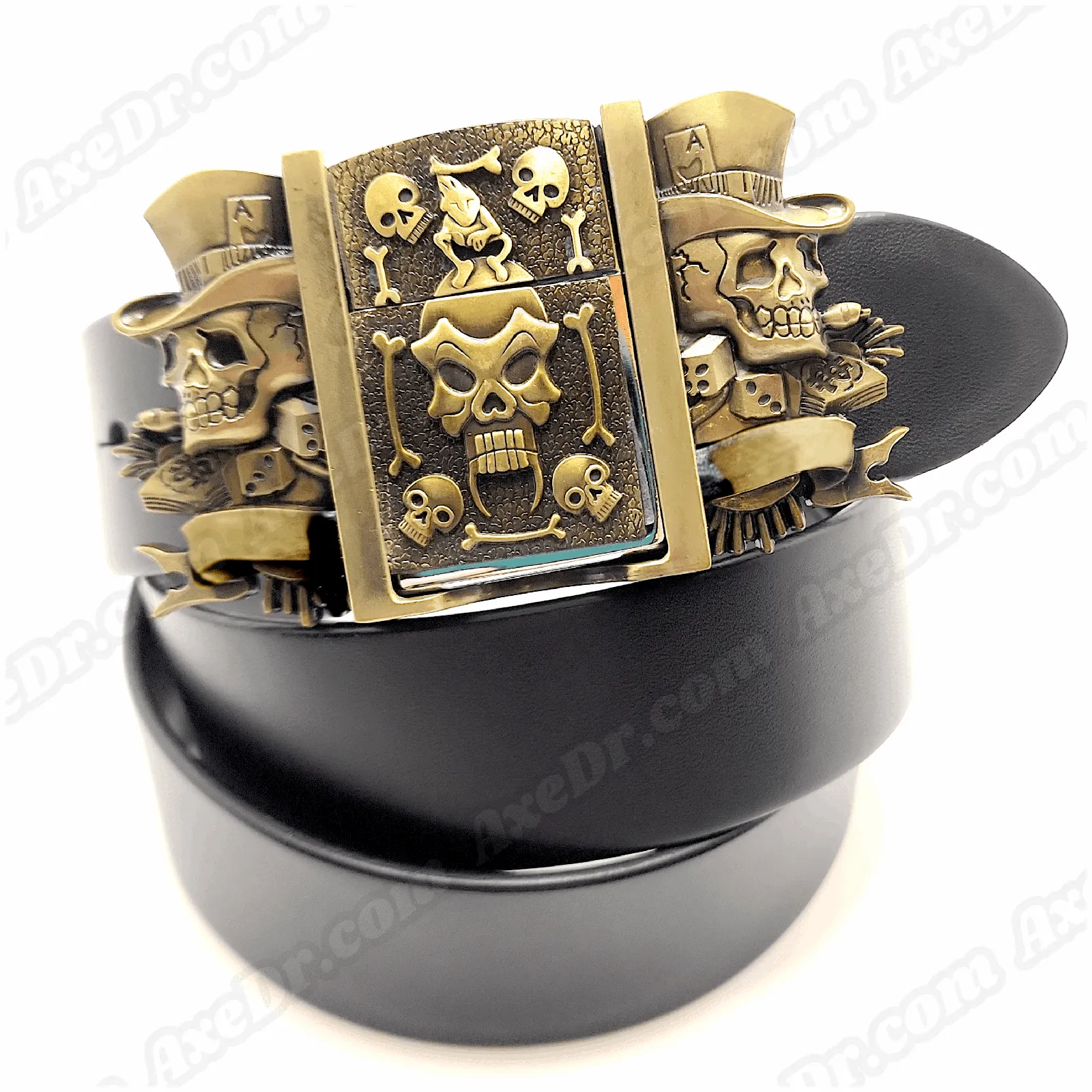 Jokers Skull & Bones Bronze Lighter Belt Buckle and Genuine Leather Belt