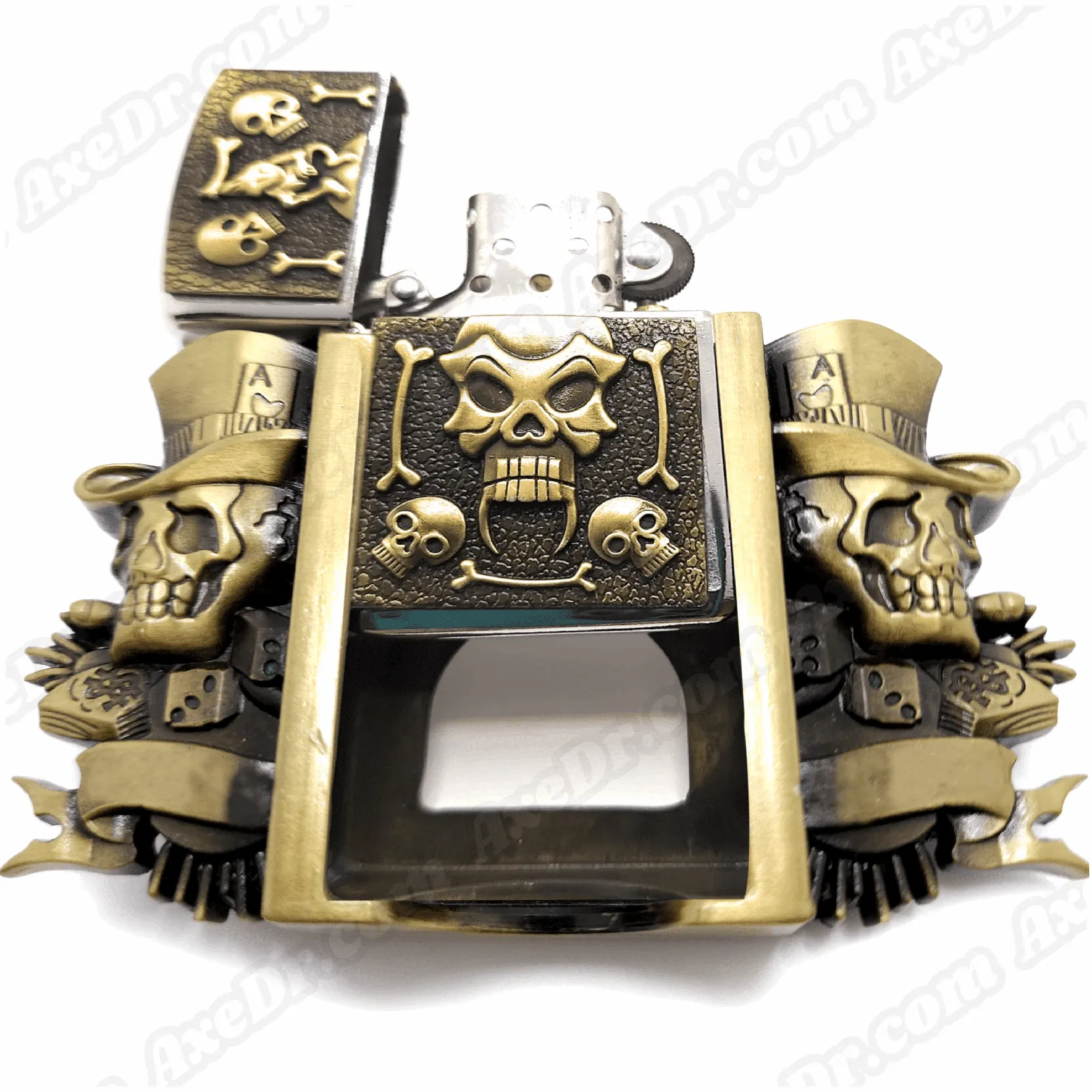 Jokers Skull & Bones Bronze Lighter Belt Buckle and Genuine Leather Belt