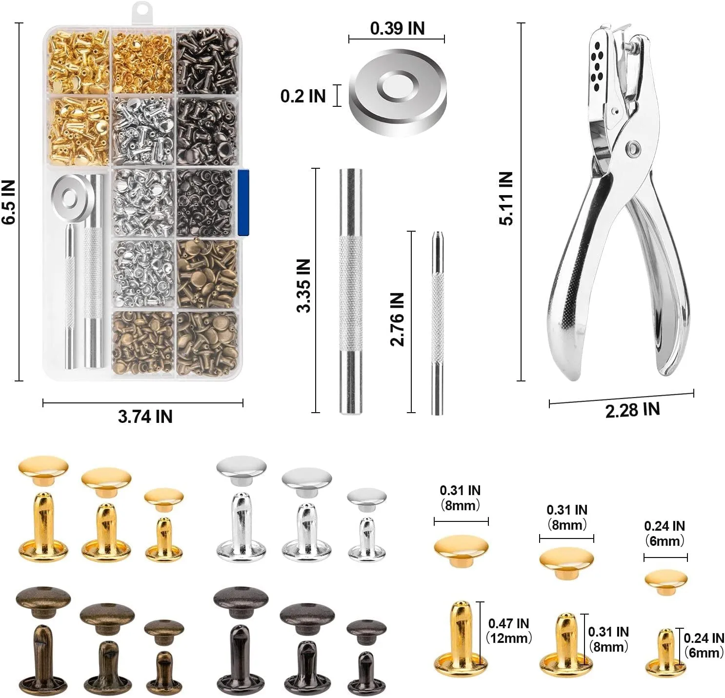 Leather craft tool set 480 Sets Of Leather Rivets 4 Colors 3 Sizes