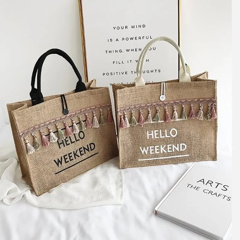 Linen Hello Weekend Tassel Tote Bag