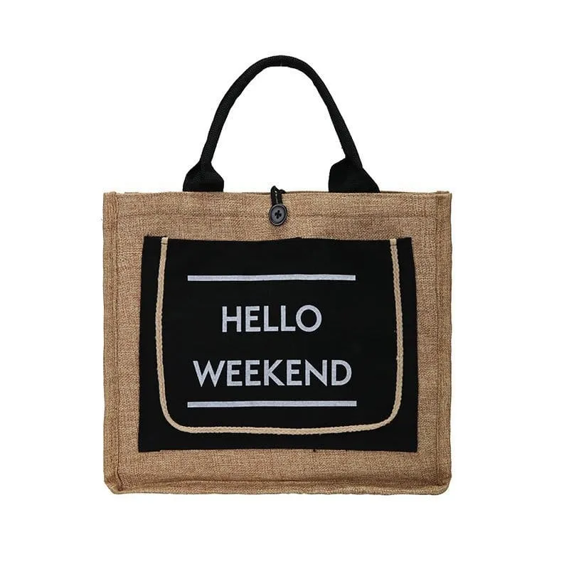 Linen Hello Weekend Tassel Tote Bag