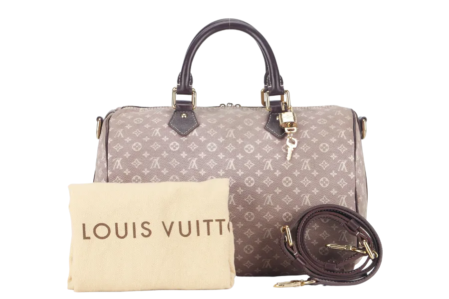 LOUIS VUITTON SPEEDY BANDOULIERE 30 MINI LIN CANVAS GOLD HARDWARE WITH DUST COVER, STRAPS,  LOCK AND KEYS