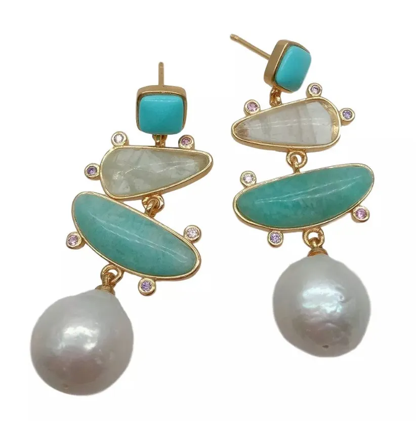 Lovely Turquoise, Prehnite Pearl & Amazonite Gemstone Gold Statement Earrings 1.8”
